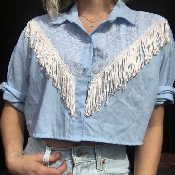 Vintage Tops - Vintage Lace Fringe Cowgirl Button Up Top